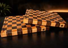 Premium showcase of two Black Walnut and Maple checkerboard end-grain cutting boards